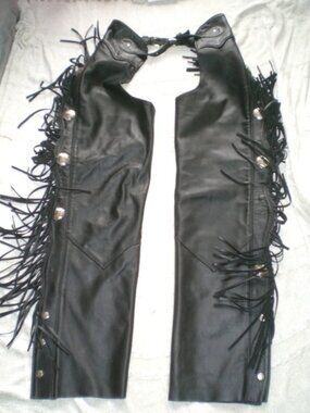 HARLEY DAVIDSON CHAPS black fringe leather western pants studs XS moto Vintage